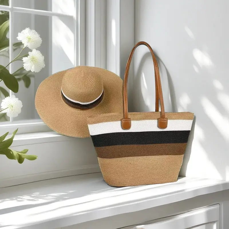 Straw Hat & Bag Set Sun Travel Luggage Accessories - Image 13