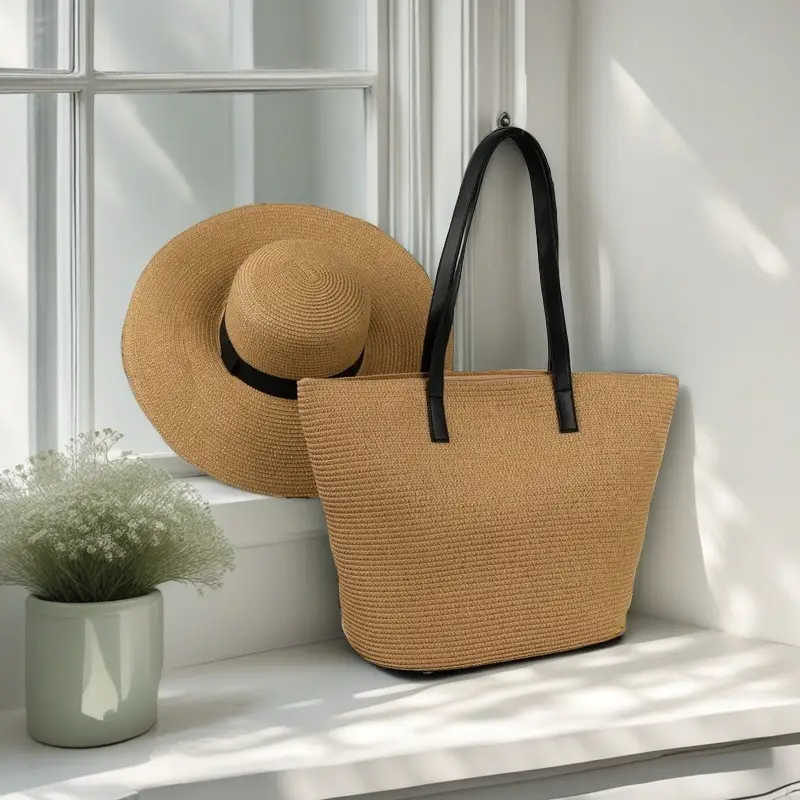 Straw Hat & Bag Set Sun Travel Luggage Accessories - Image 14