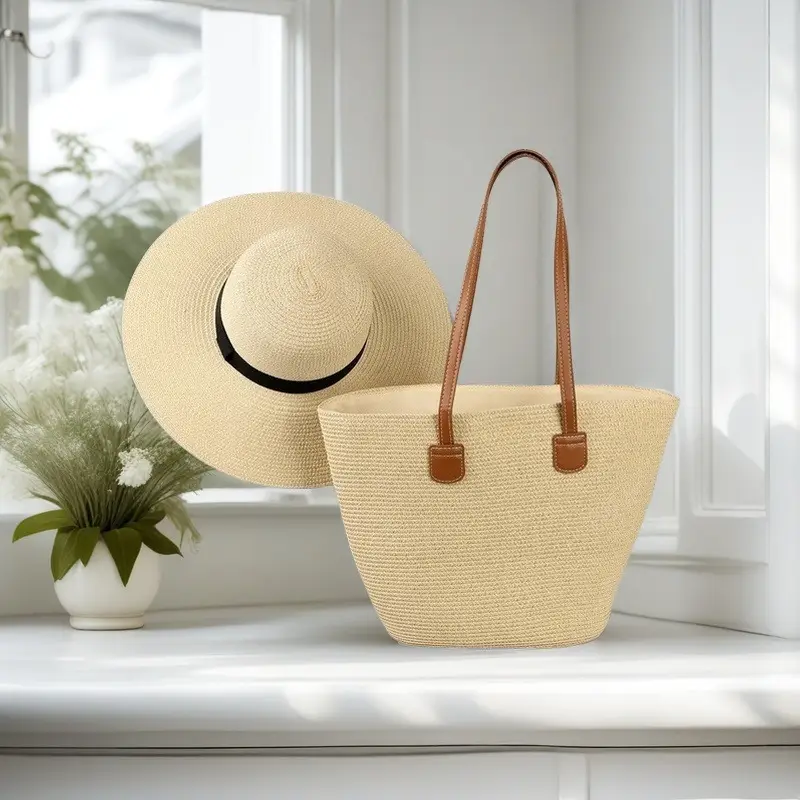 Straw Hat & Bag Set Sun Travel Luggage Accessories - Image 15