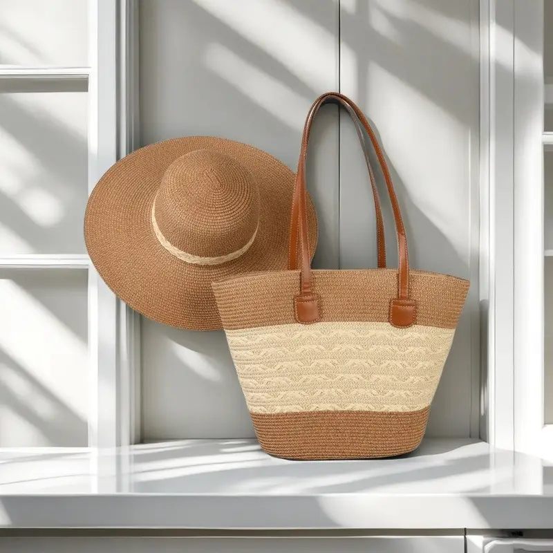 Straw Hat & Bag Set Sun Travel Luggage Accessories - Image 16
