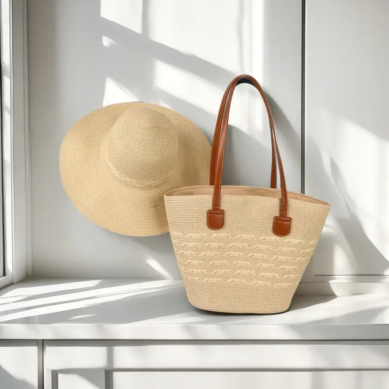 Straw Hat & Bag Set Sun Travel Luggage Accessories - Image 17