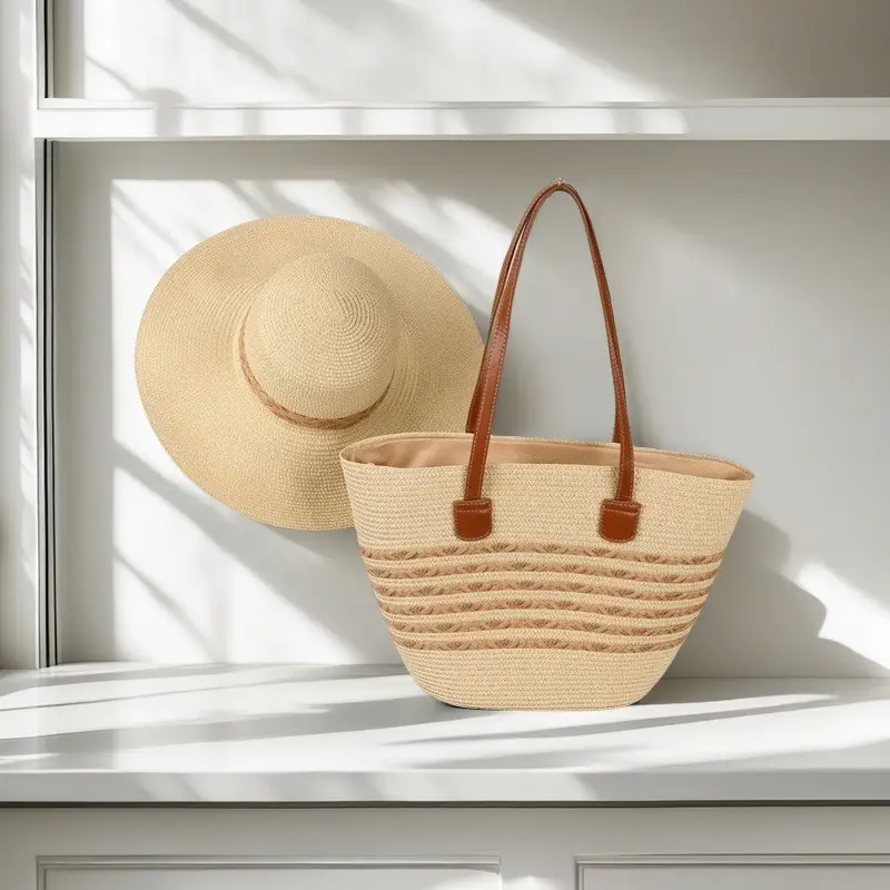 Straw Hat & Bag Set Sun Travel Luggage Accessories - Image 18