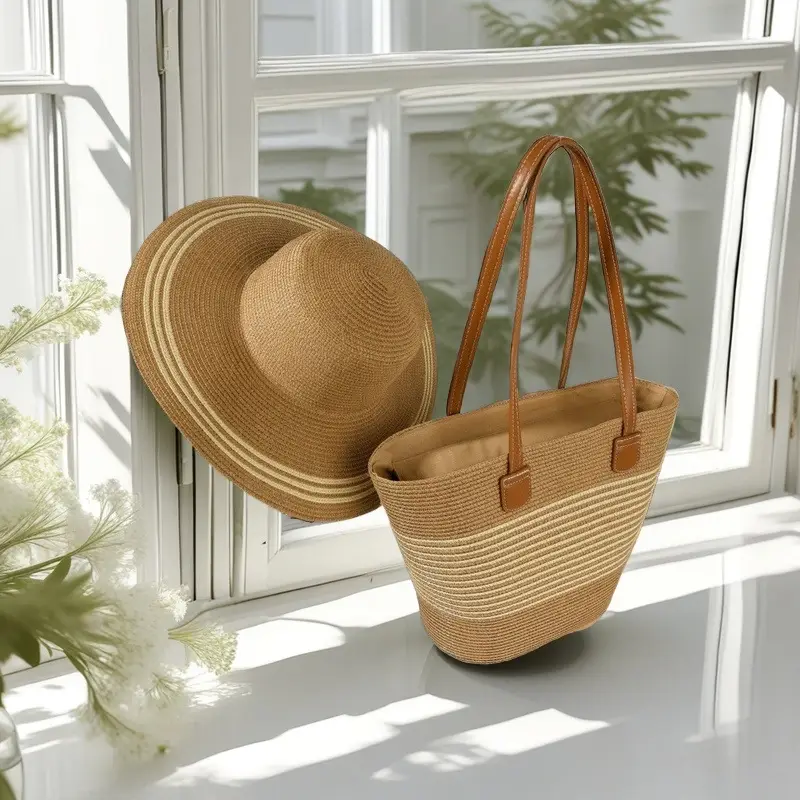 Straw Hat & Bag Set Sun Travel Luggage Accessories - Image 2