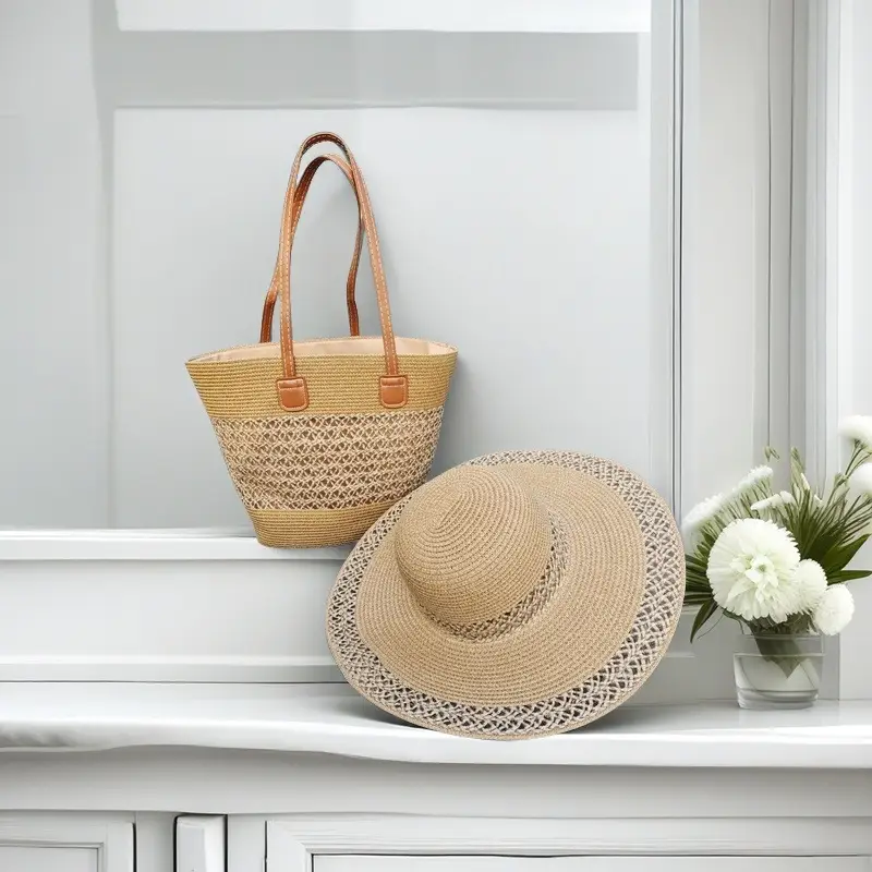 Straw Hat & Bag Set Sun Travel Luggage Accessories - Image 21