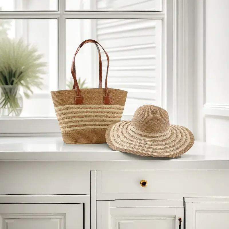 Straw Hat & Bag Set Sun Travel Luggage Accessories - Image 22