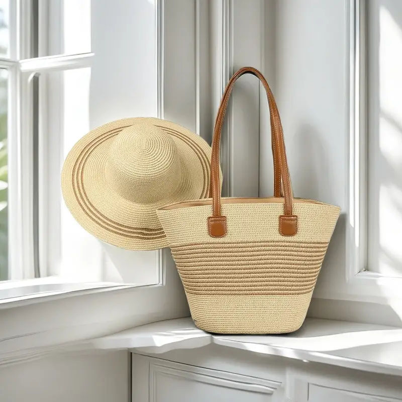 Straw Hat & Bag Set Sun Travel Luggage Accessories - Image 3