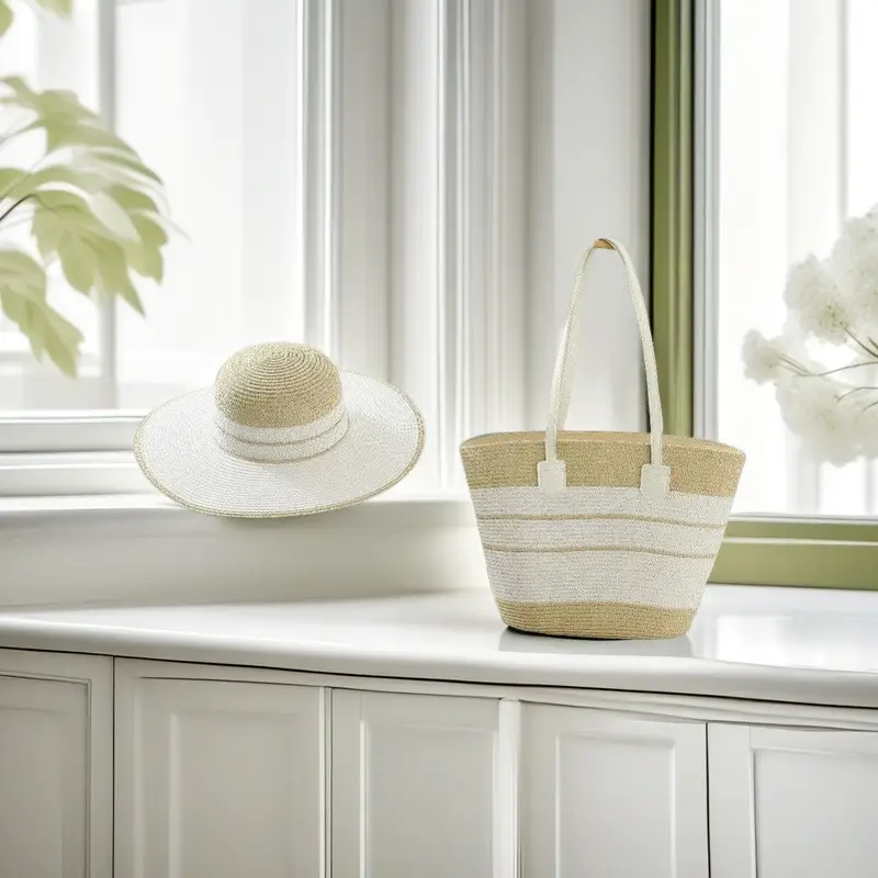 Straw Hat & Bag Set Sun Travel Luggage Accessories - Image 30