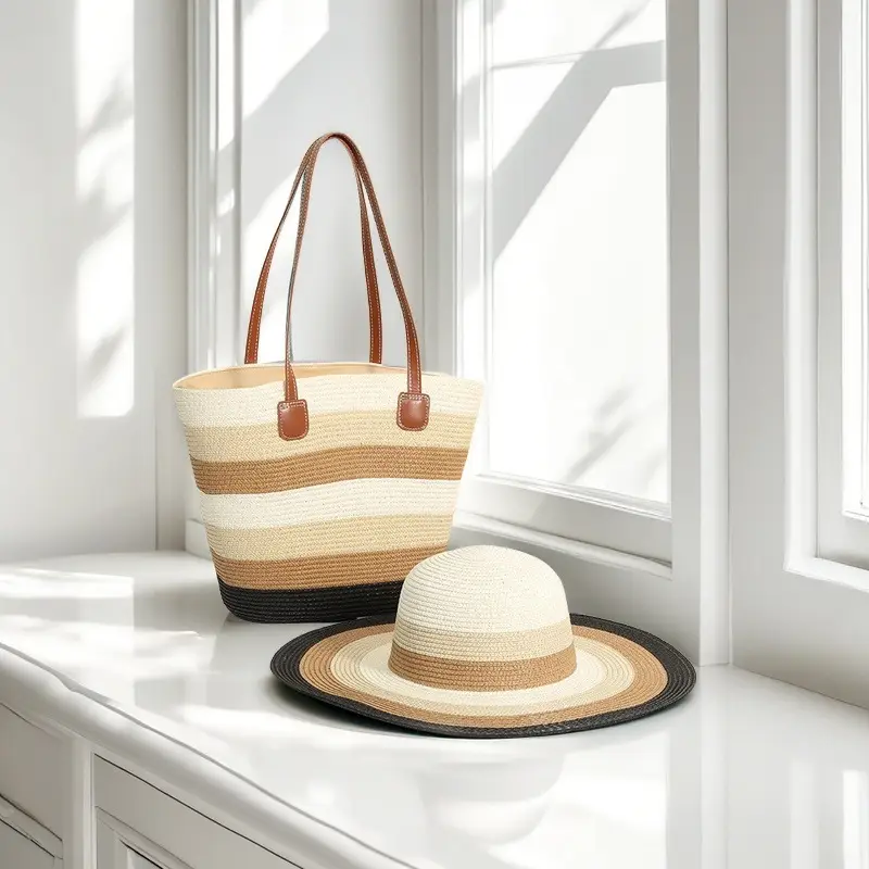 Straw Hat & Bag Set Sun Travel Luggage Accessories - Image 32