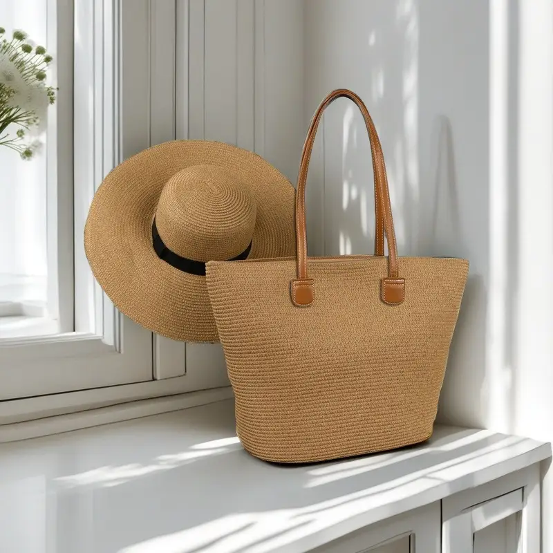 Straw Hat & Bag Set Sun Travel Luggage Accessories - Image 4