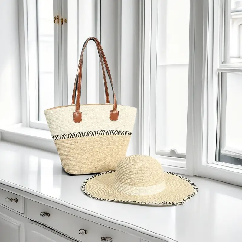 Straw Hat & Bag Set Sun Travel Luggage Accessories - Image 5