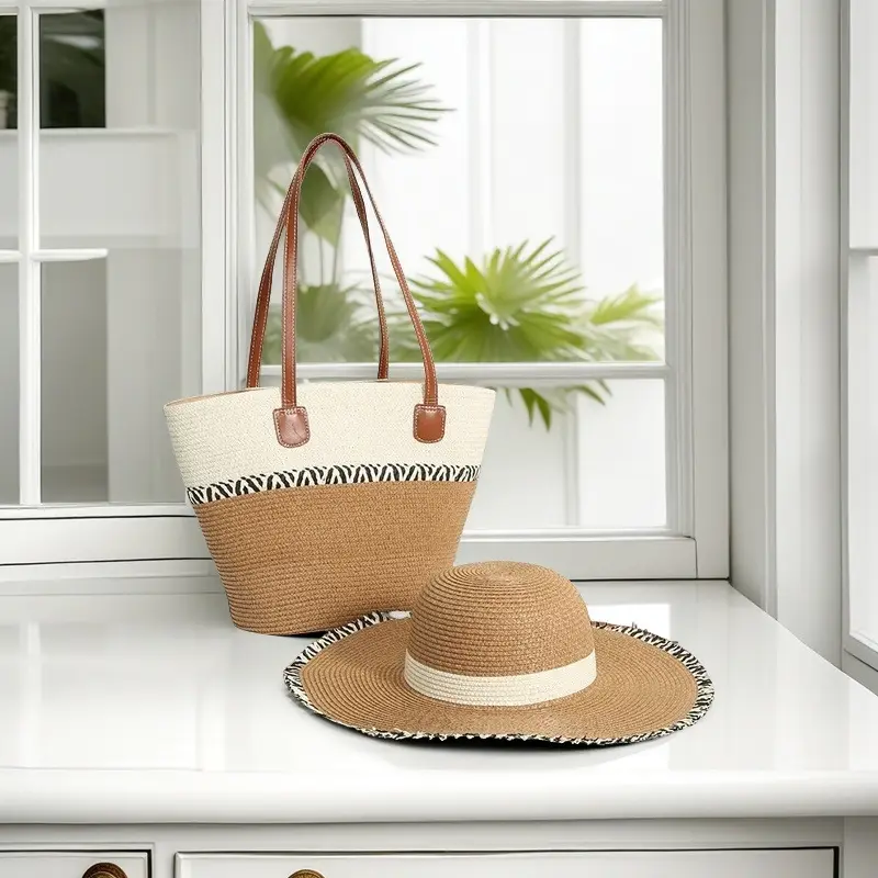 Straw Hat & Bag Set Sun Travel Luggage Accessories - Image 6