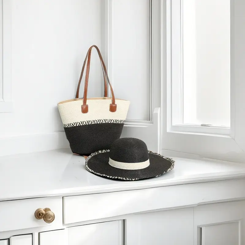 Straw Hat & Bag Set Sun Travel Luggage Accessories - Image 7
