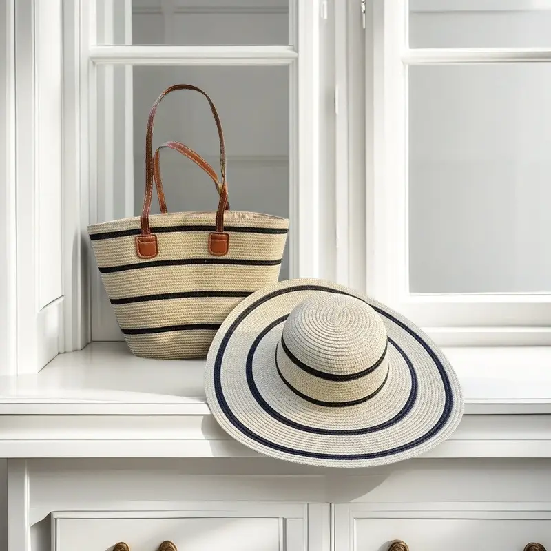 Straw Hat & Bag Set Sun Travel Luggage Accessories - Image 8