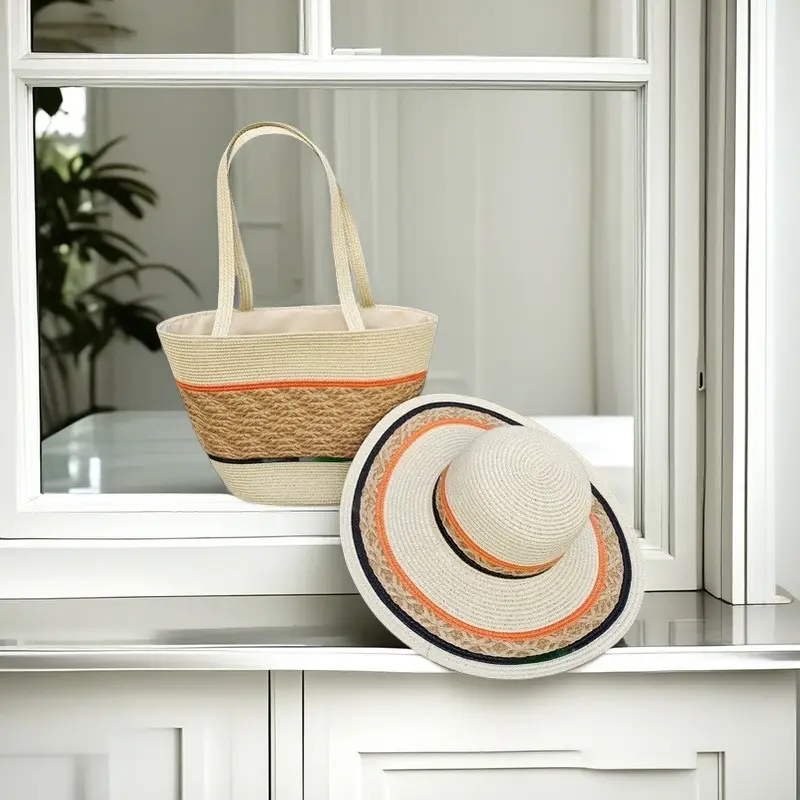 Straw Hat & Bag Set Sun Travel Luggage Accessories - Image 9