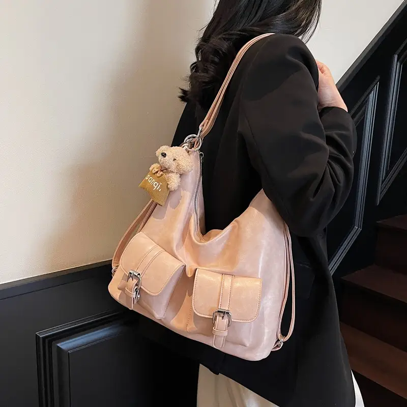 Women's Large Capacity Shoulder Tote Bag Beige Grey 2025 - Image 15