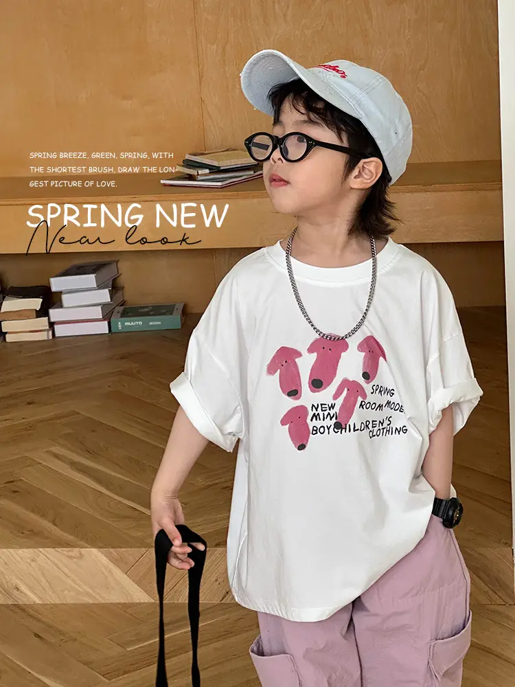 Boys T-shirt White Pink Heart Print Summer Wear - Image 4