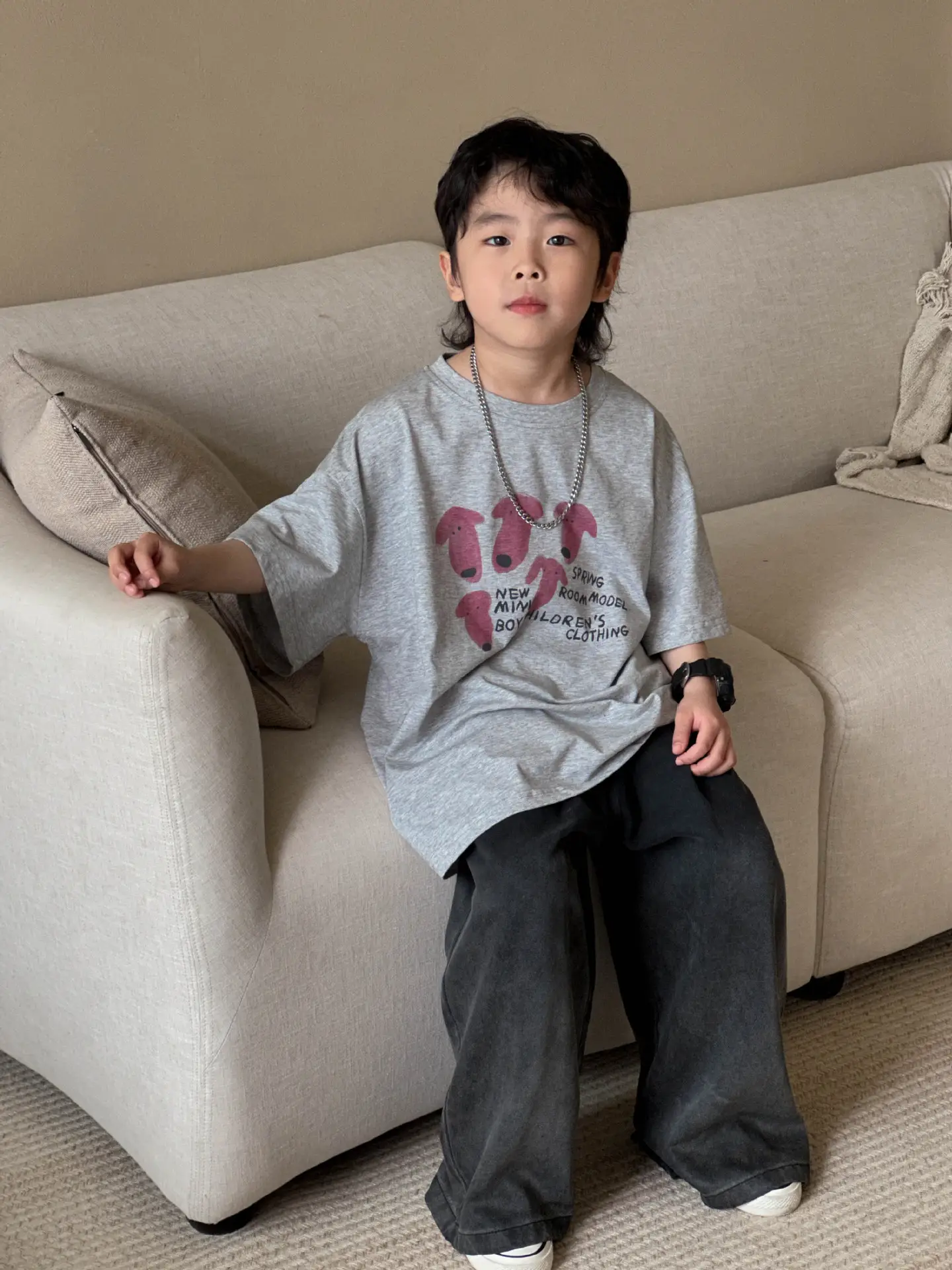Boys T-shirt White Pink Heart Print Summer Wear - Image 6