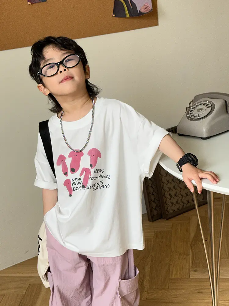 Boys T-shirt White Pink Heart Print Summer Wear - Image 7
