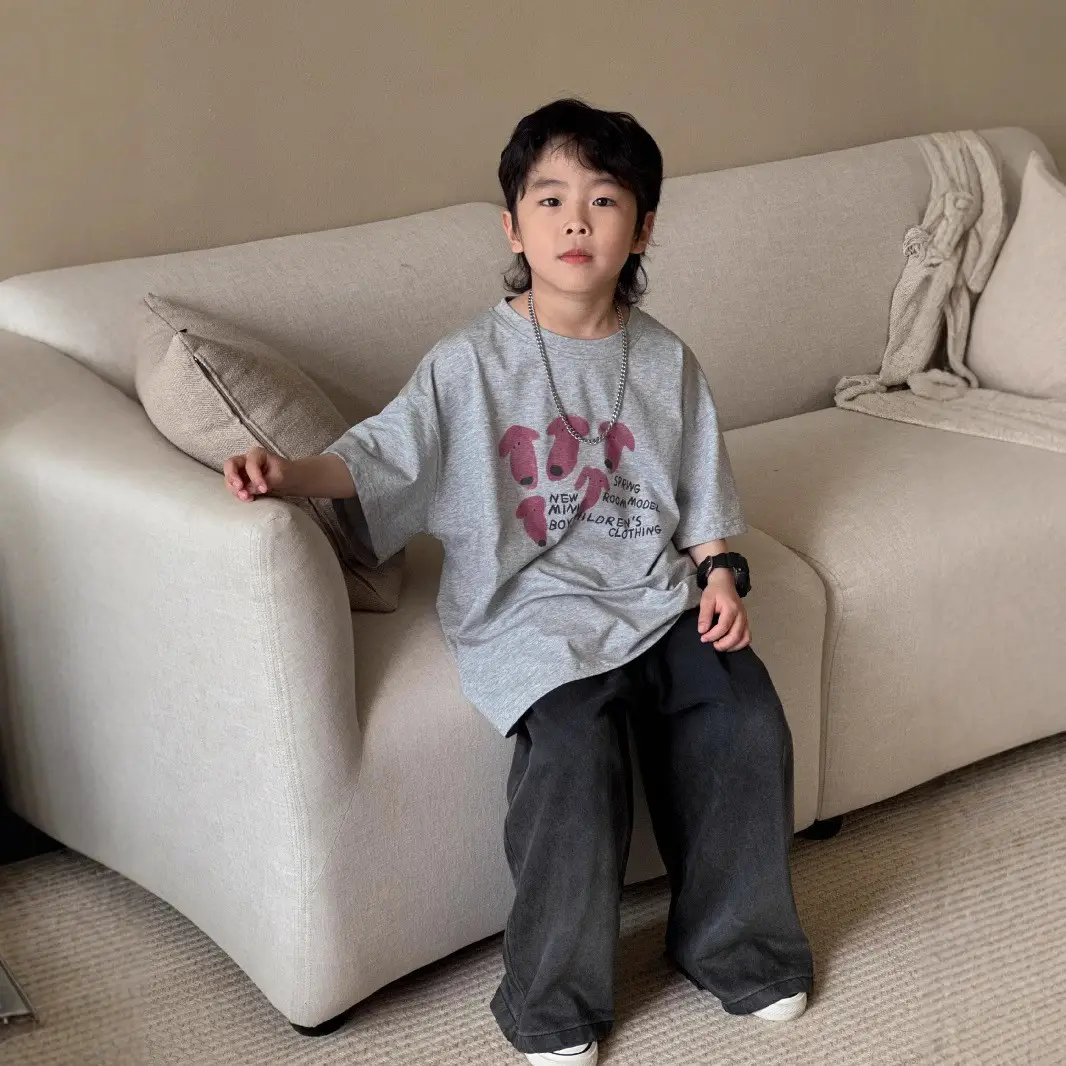 Boys T-shirt White Pink Heart Print Summer Wear - Image 3
