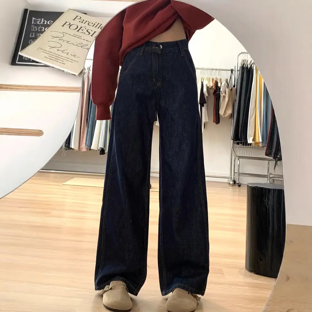 Women American Retro Dark Blue Loose Straight Jeans High Waist Pear Shaped
