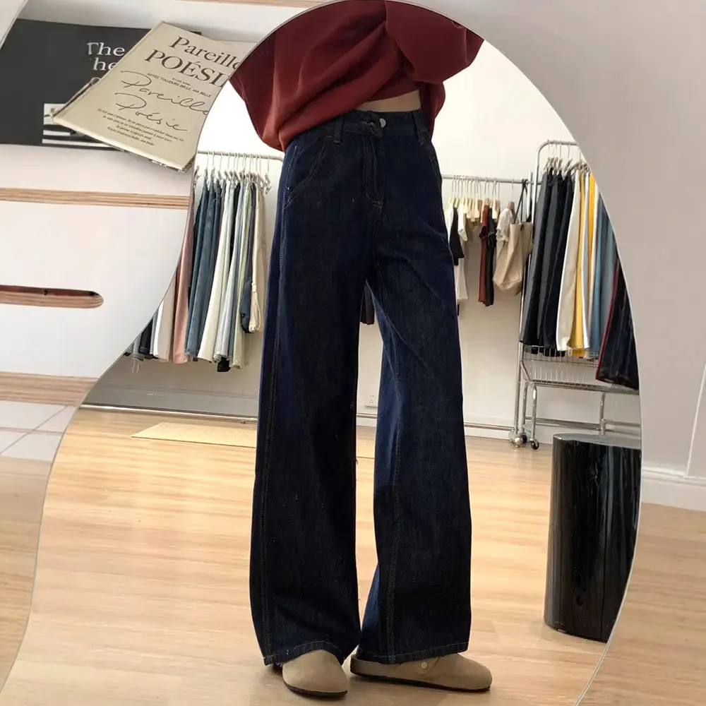Women American Retro Dark Blue Loose Straight Jeans High Waist Pear Shaped