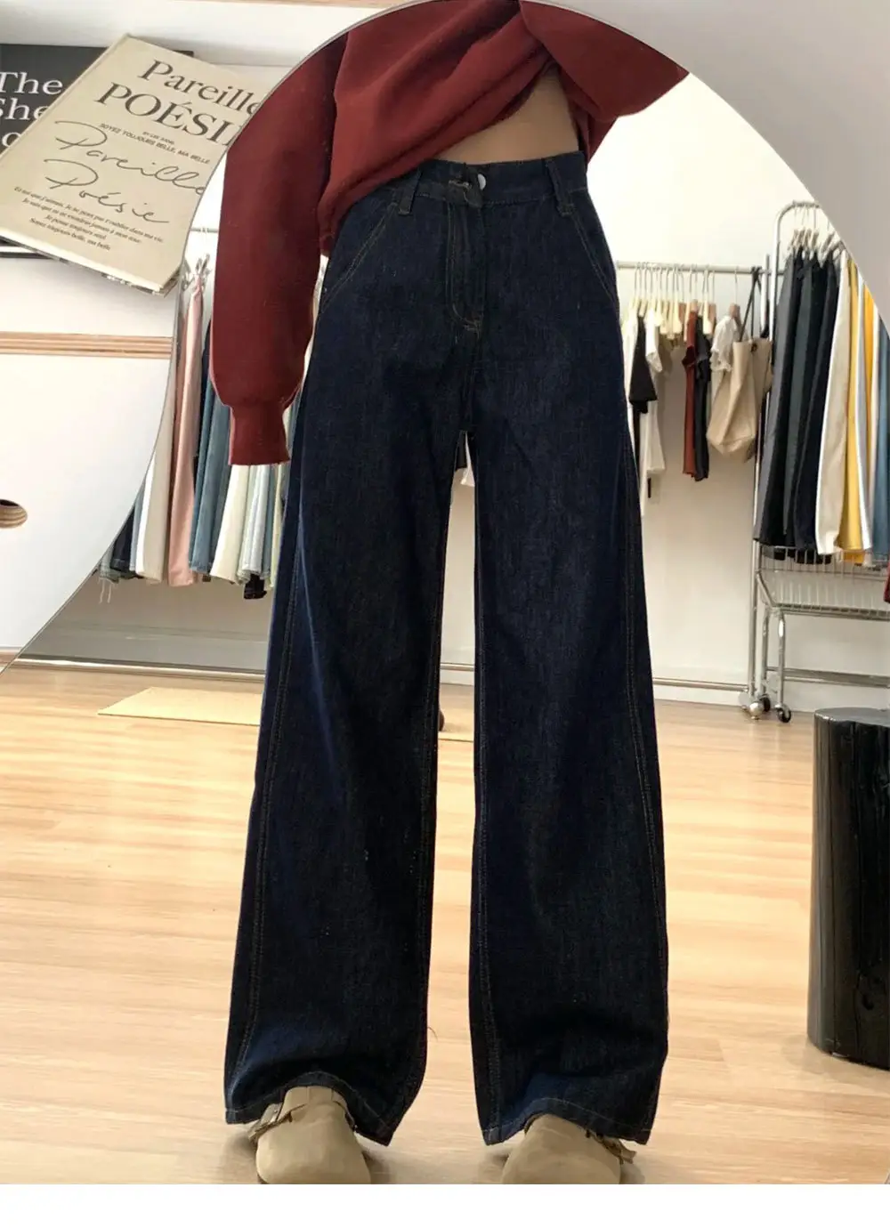 Women American Retro Dark Blue Loose Straight Jeans High Waist Pear Shaped — feature 2