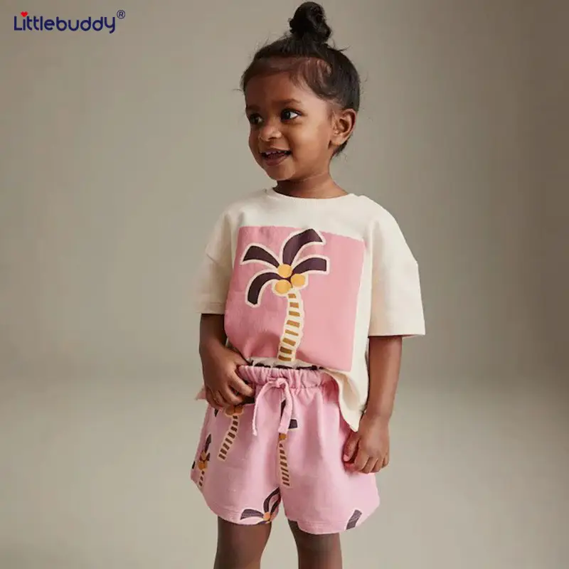 Girls Cotton Palm Print Summer Shorts Set