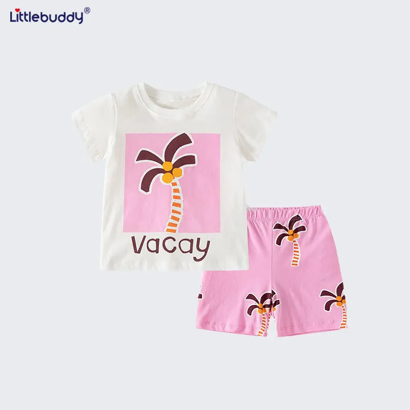 Girls Cotton Palm Print Summer Shorts Set
