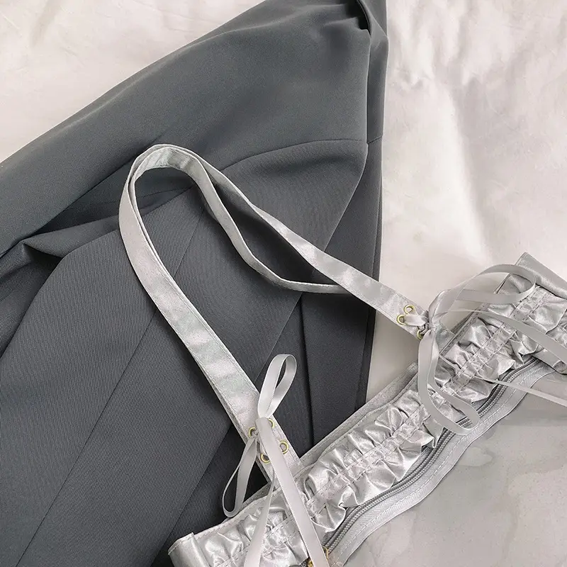 Japanese Style Silver Ruffled Shoulder Tote Bag - Image 6