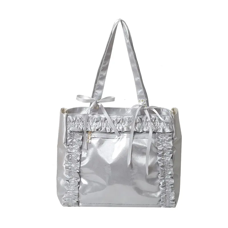 Japanese Style Silver Ruffled Shoulder Tote Bag - Image 9