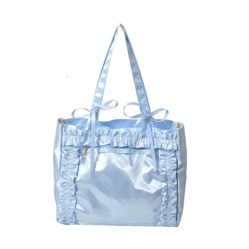 Japanese Style Silver Ruffled Shoulder Tote Bag - Image 2