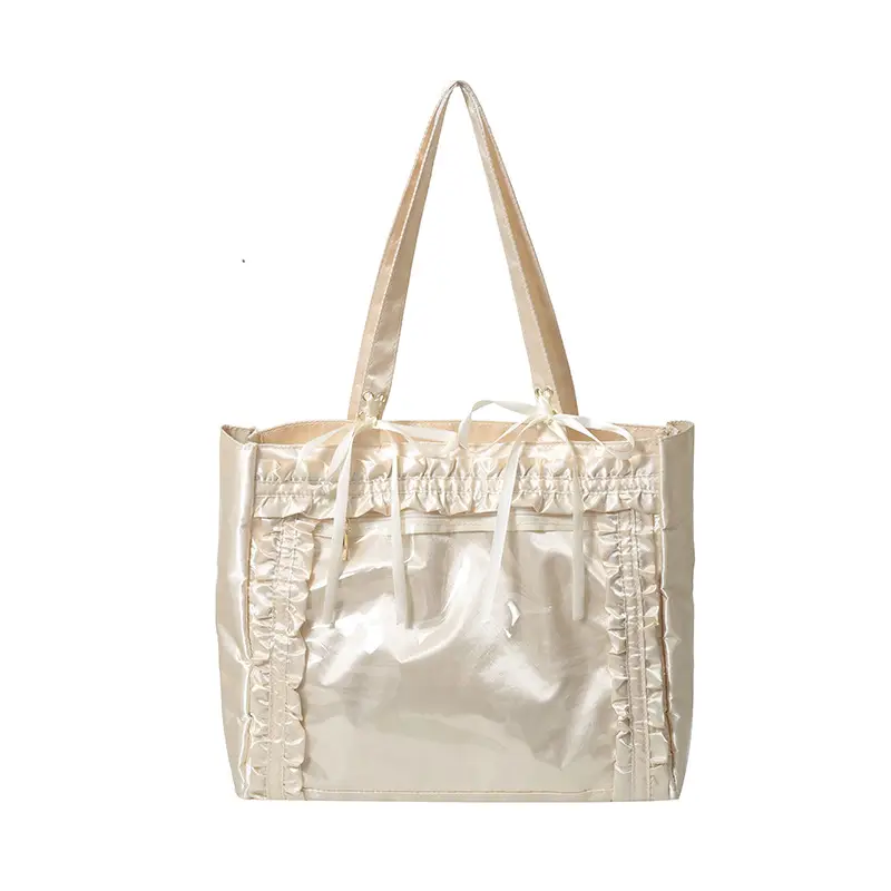 Japanese Style Silver Ruffled Shoulder Tote Bag - Image 4