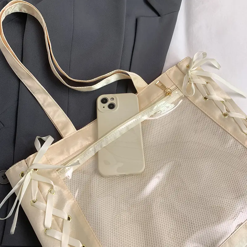 Japanese Pain Bag with Ribbon Bow, Large Capacity, Transparent Grain, Shoulder All-match Tote Bag