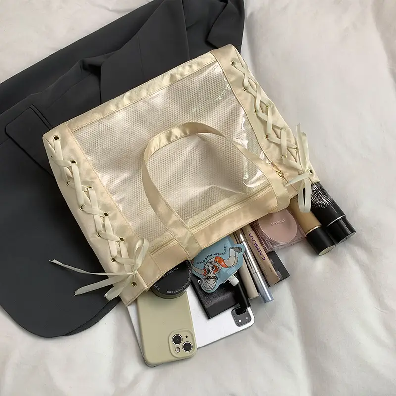 Japanese Pain Bag with Ribbon Bow, Large Capacity, Transparent Grain, Shoulder All-match Tote Bag