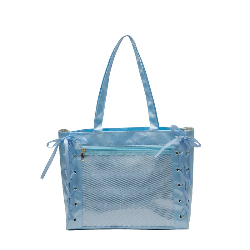 Japanese Pain Bag with Ribbon Bow, Large Capacity, Transparent Grain, Shoulder All-match Tote Bag