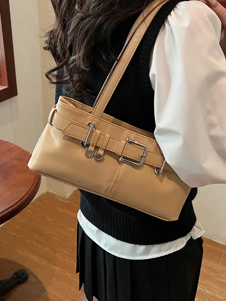 Beige Women's Crossbody Shoulder Bag with 5 Buckles - Image 9