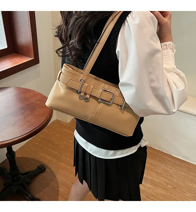Beige Women's Crossbody Shoulder Bag with 5 Buckles — feature 1