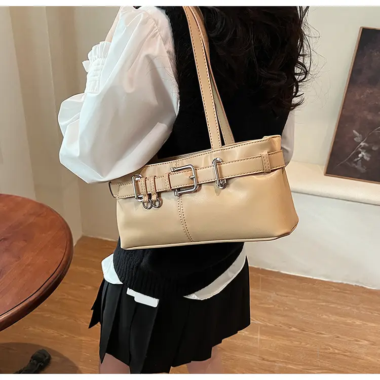 Beige Women's Crossbody Shoulder Bag with 5 Buckles — feature 10