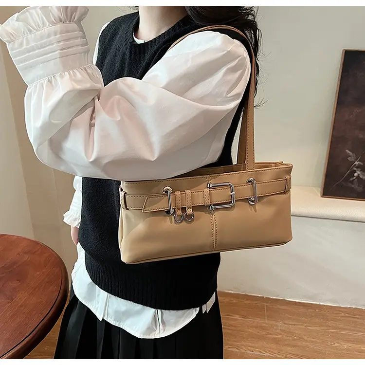 Beige Women's Crossbody Shoulder Bag with 5 Buckles — feature 11