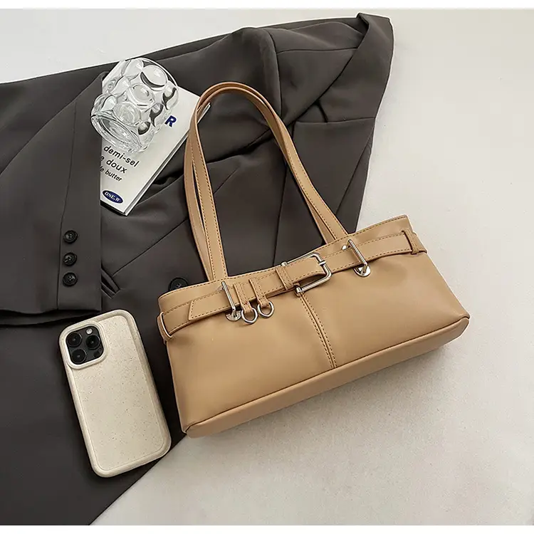 Beige Women's Crossbody Shoulder Bag with 5 Buckles — feature 3