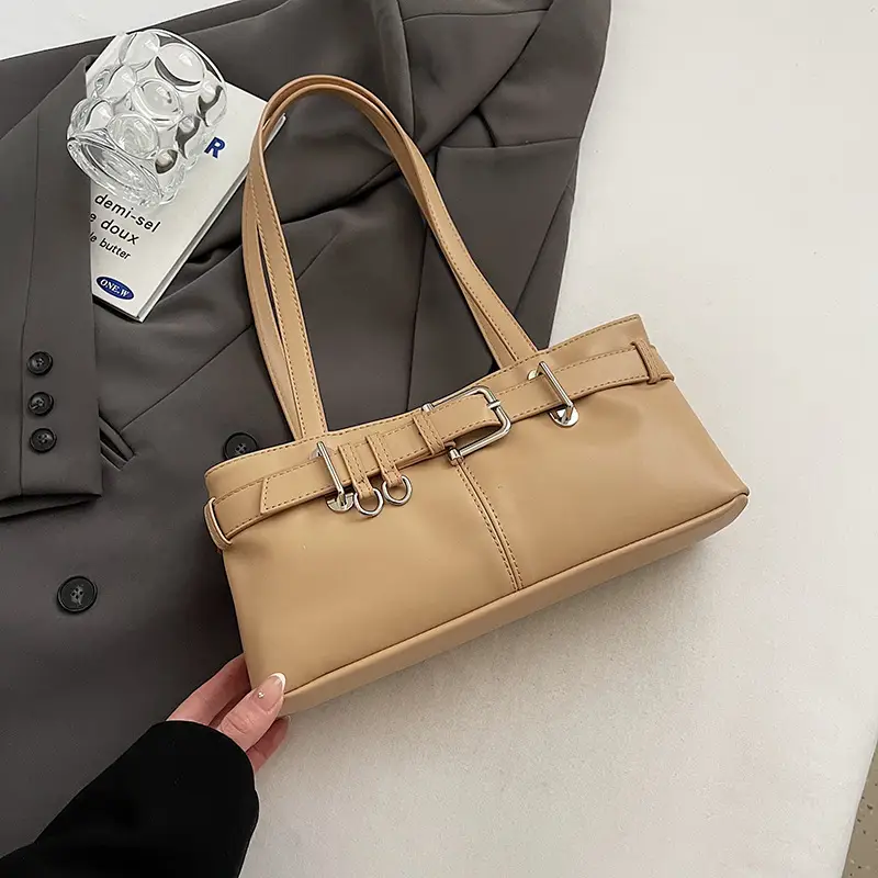 Beige Women's Crossbody Shoulder Bag with 5 Buckles - Image 3