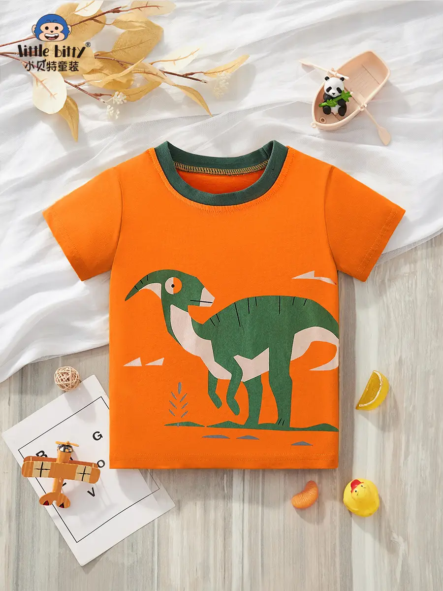 2025 Summer Cartoon Dinosaur Boys T-Shirt Orange Green Cotton
