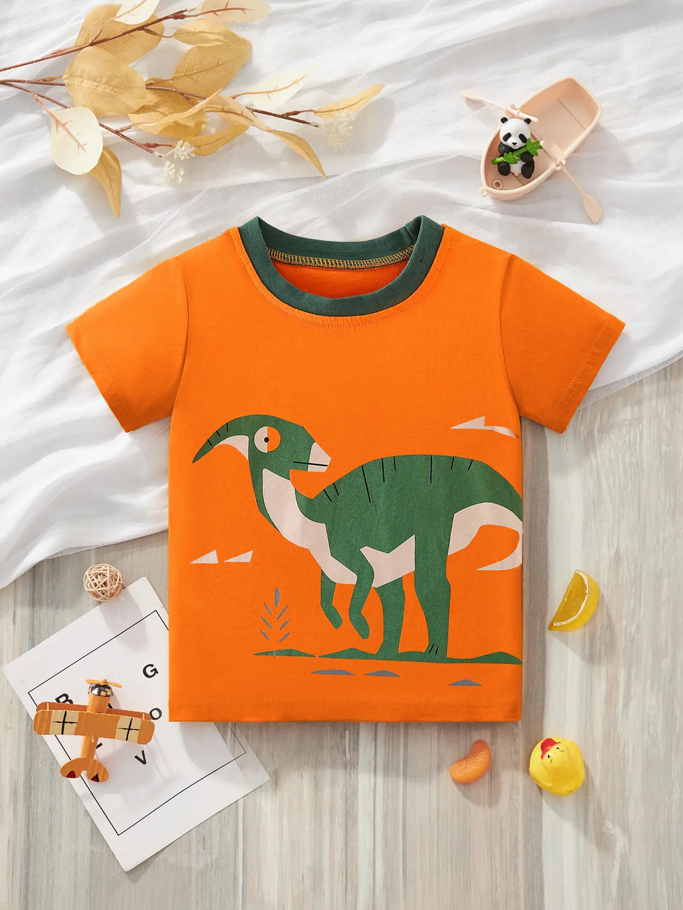 2025 Summer Cartoon Dinosaur Boys T-Shirt Orange Green Cotton