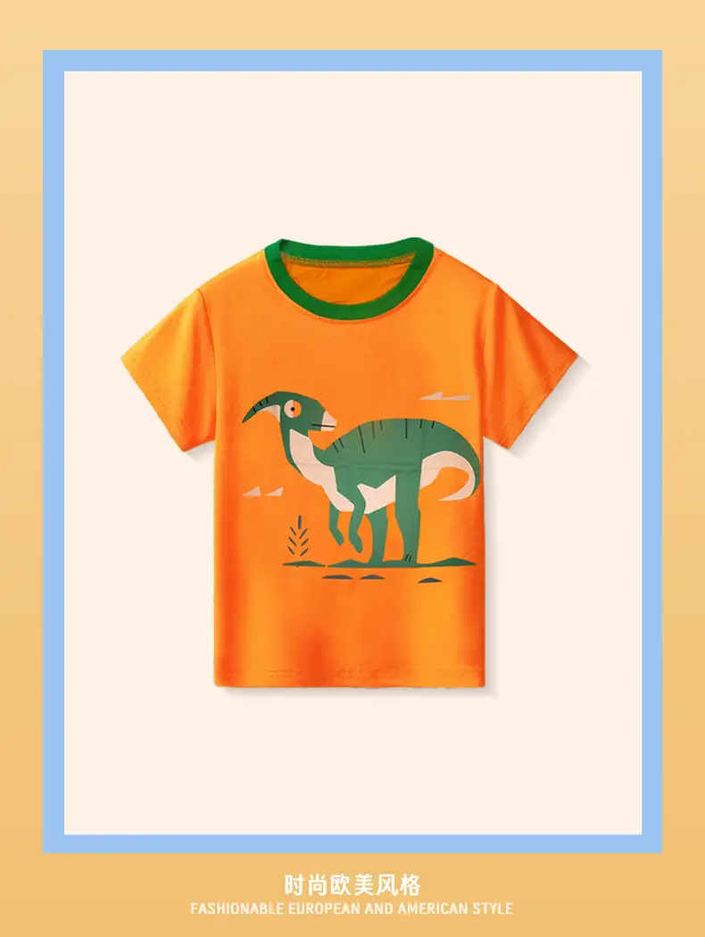 2025 Summer Cartoon Dinosaur Boys T-Shirt Orange Green Cotton — feature 3