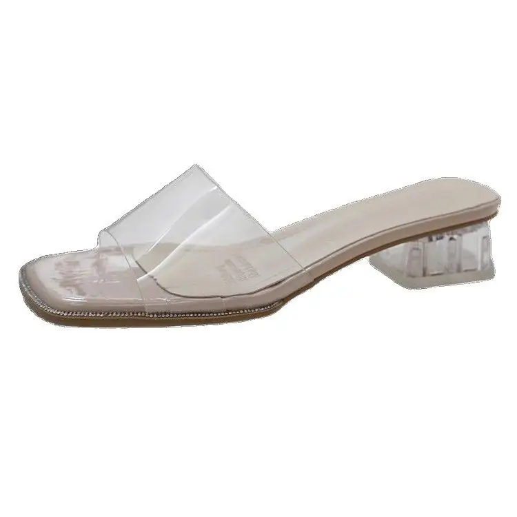Summer New Slippers Out Wear Square Toe Open Toe Sandals Medium Thick Heel High Heels Transparent Crystal Slide Slide Sandals