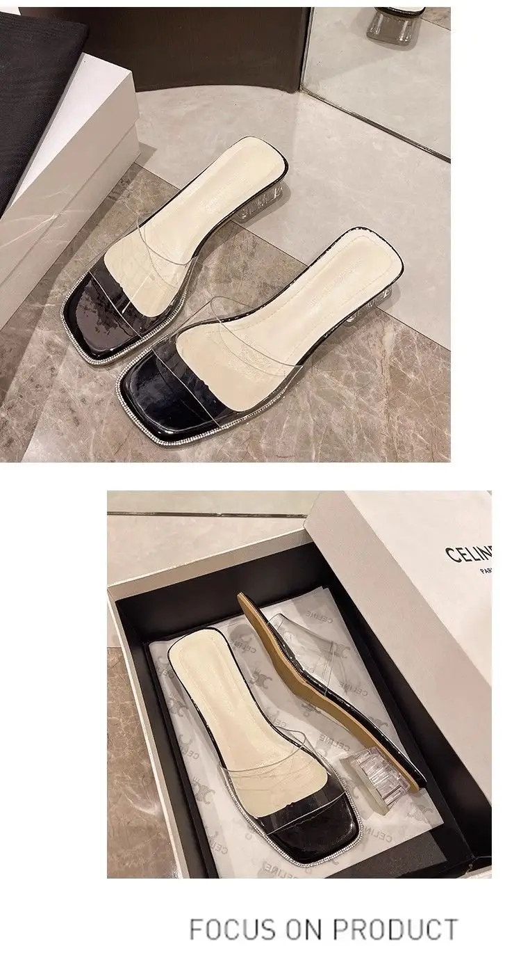 Summer New Slippers Out Wear Square Toe Open Toe Sandals Medium Thick Heel High Heels Transparent Crystal Slide Slide Sandals — feature 10