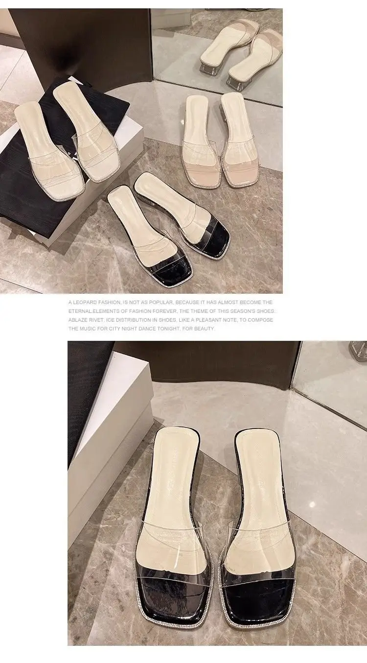 Summer New Slippers Out Wear Square Toe Open Toe Sandals Medium Thick Heel High Heels Transparent Crystal Slide Slide Sandals — feature 11