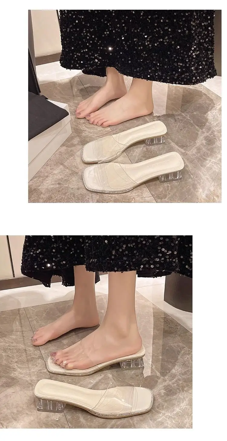 Summer New Slippers Out Wear Square Toe Open Toe Sandals Medium Thick Heel High Heels Transparent Crystal Slide Slide Sandals — feature 12