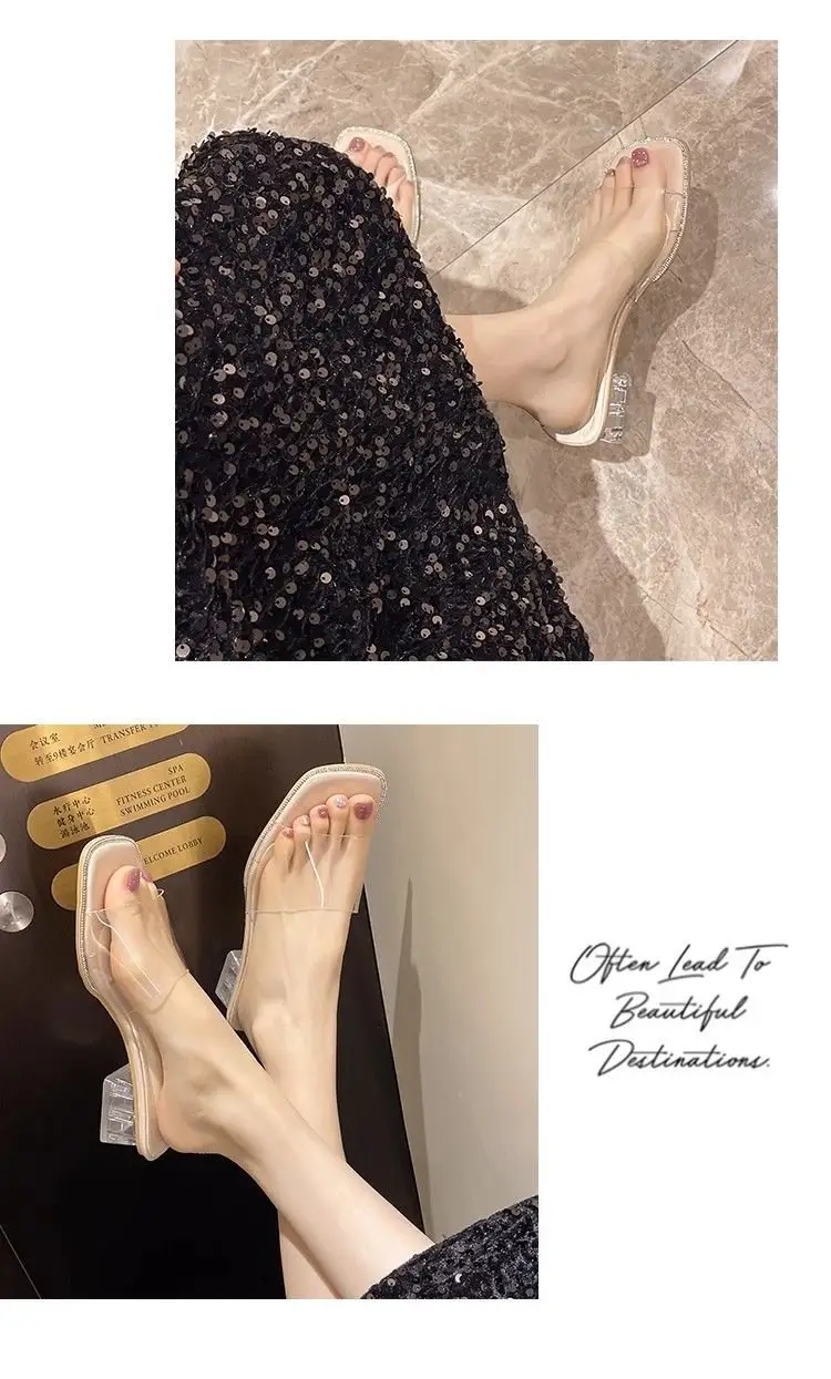 Summer New Slippers Out Wear Square Toe Open Toe Sandals Medium Thick Heel High Heels Transparent Crystal Slide Slide Sandals — feature 13