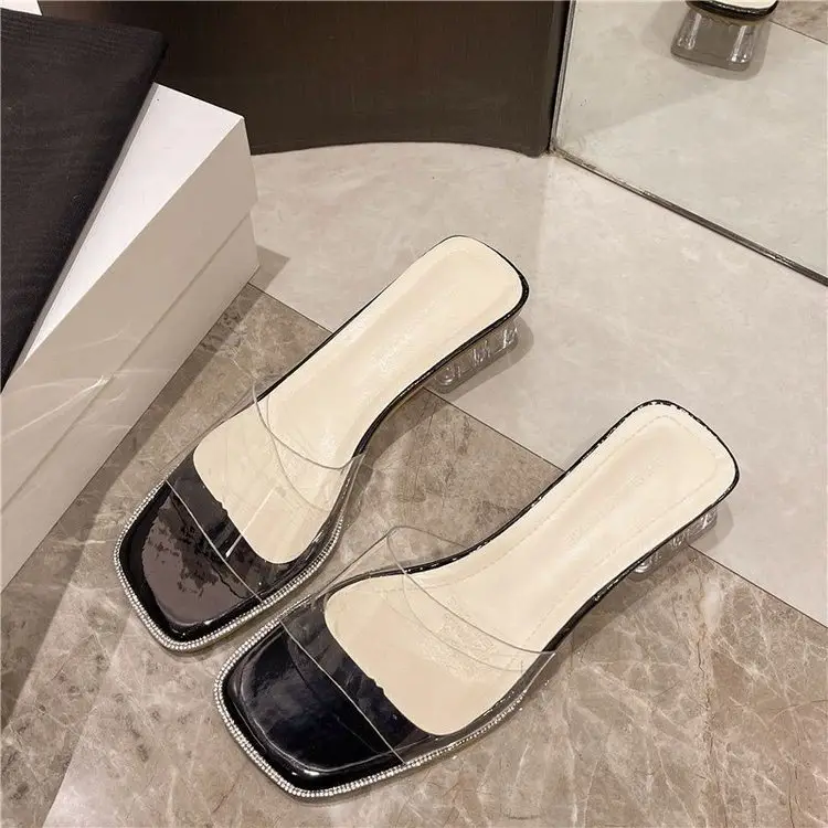 Summer New Slippers Out Wear Square Toe Open Toe Sandals Medium Thick Heel High Heels Transparent Crystal Slide Slide Sandals — feature 2